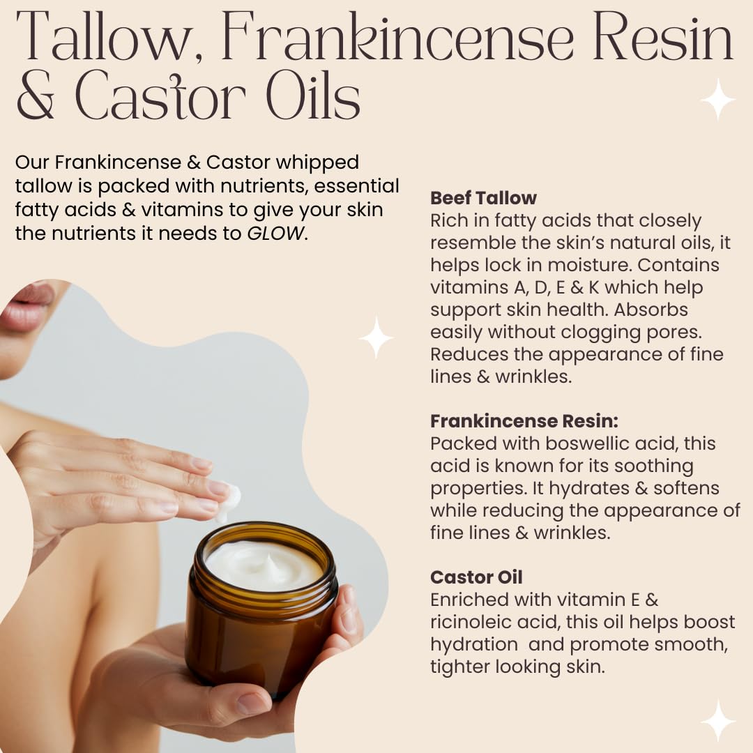 Frankincense & Castor Oil Beef Tallow Grass Fed & Finished Organic Moisturizer for Skin Hydrating & Nourishing for Cracked, Dry