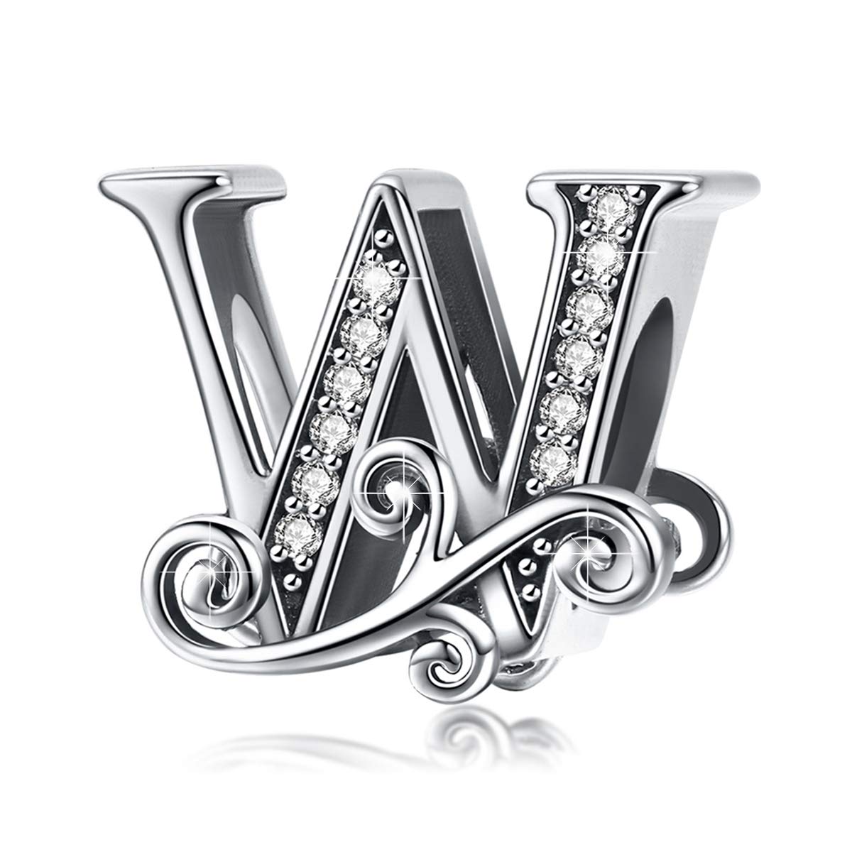 BISAER 925 Sterling Silver Initial Letter W Charms for Bracelets Alphabet Beads Charm Jewelry Gifts