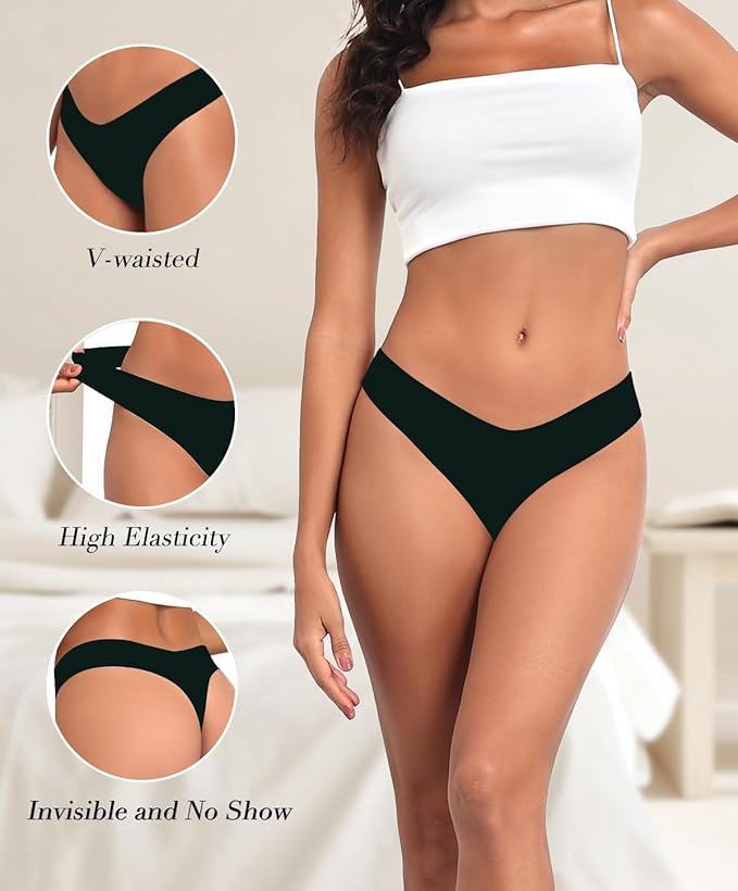 Seamless Thongs for Women V-waisted No Show Thong Underwear Breathable Comfortable Sexy Panties 6 Pack