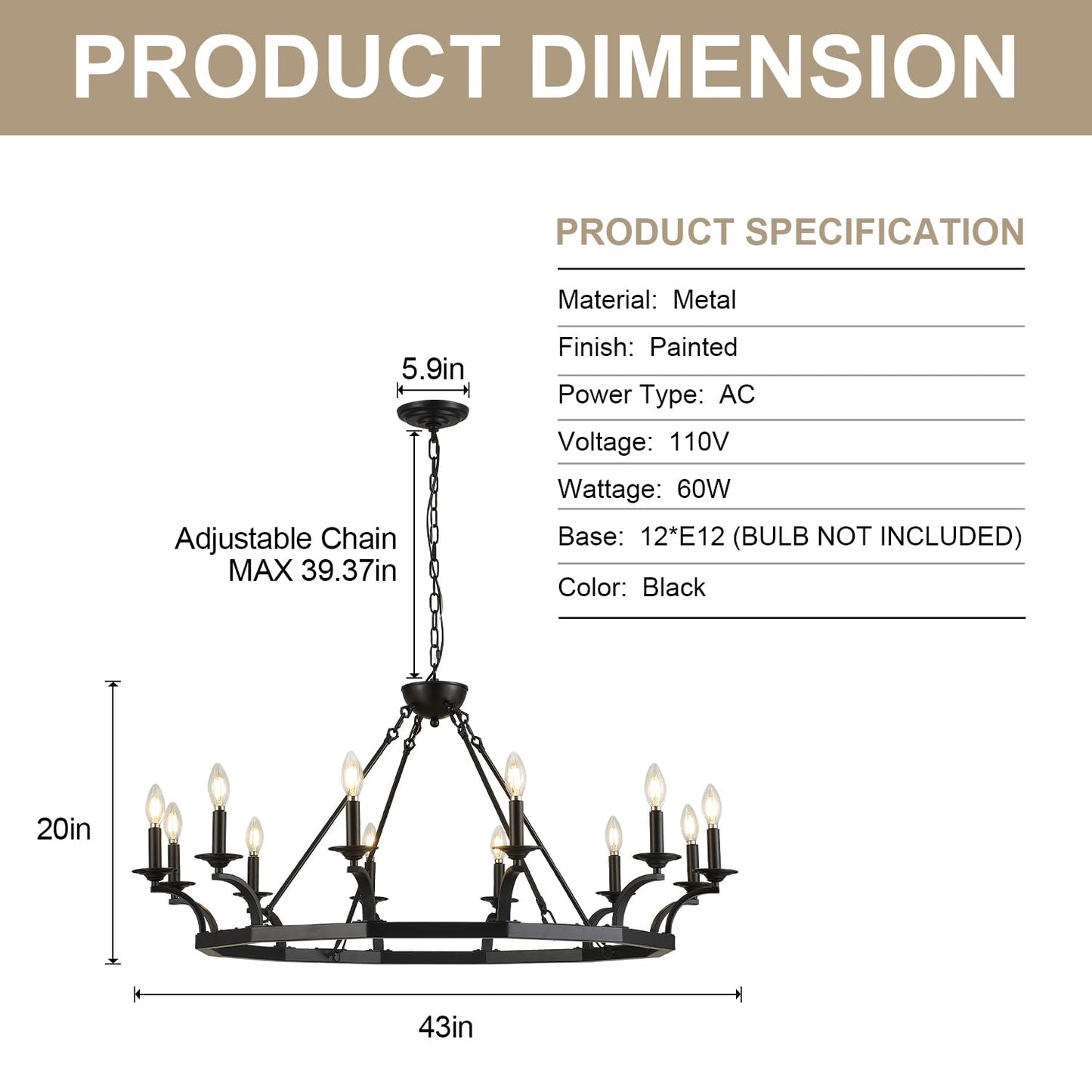 brfaixla 43'' Wagon Wheel Chandelier 12 Lights Industrial Black Metal Ceiling Pendant Chandelier Rustic Hanging Lights Adjustable for Kitchen, Living Room, Dining Room, Entryway, E12 Base