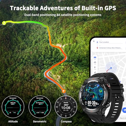 Military Smart Watch with GPS, Pressure/Altitude/Compass, Rugged Smartwatch for Men with 650mAh Extra-Large Battery, Answe...