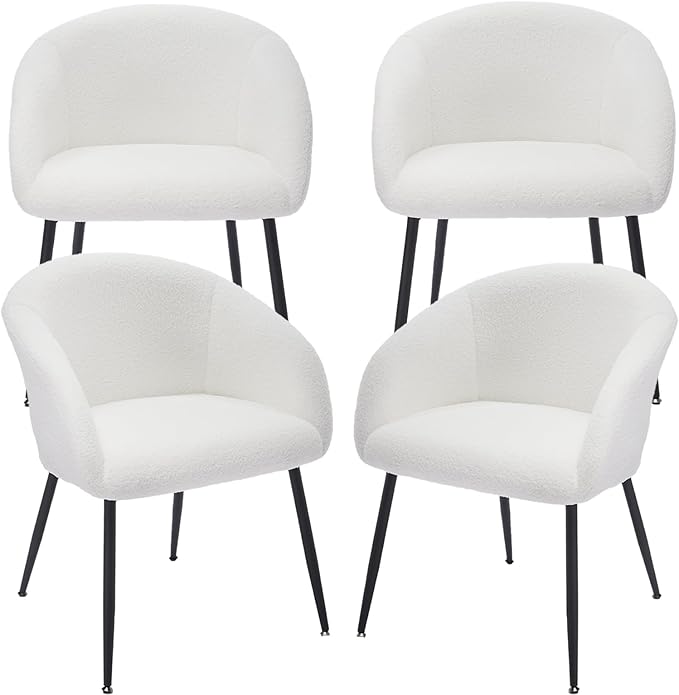 YDcosyfy Modern Small Accent Chair Set of 4, Comfy Sherpa Makeup Vanity Chair with Metal Legs, Decorative Dining Chair no Wheels for Living Room, Dressing Room, Bedroom, White