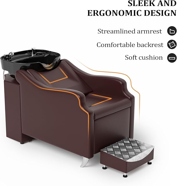 Salon Shampoo Bowl and Chair, Hair Wash Chair Shampoo Station with Deep Ceramic Sink, Backwash Barber Chair Shampoo Unit for Beauty Spa Barbershop Massage