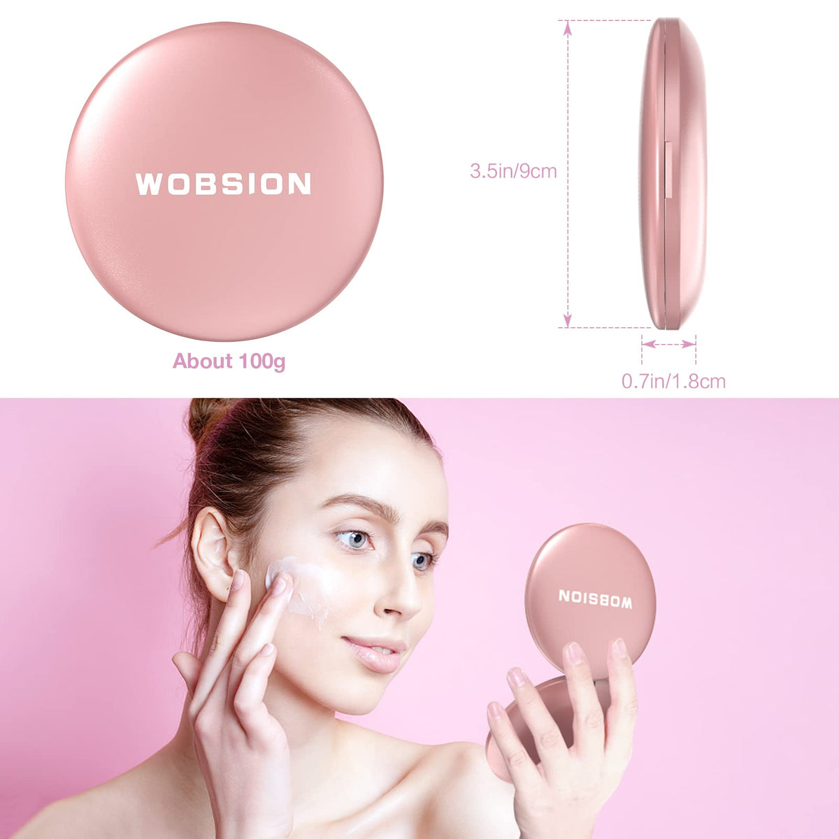 wobsion Travel Mirror with Light, Rechargeable 1x/10x Compact Magnifying Mirror, Dimmable Pocket Mirror,3.5inch Travel Size,Port
