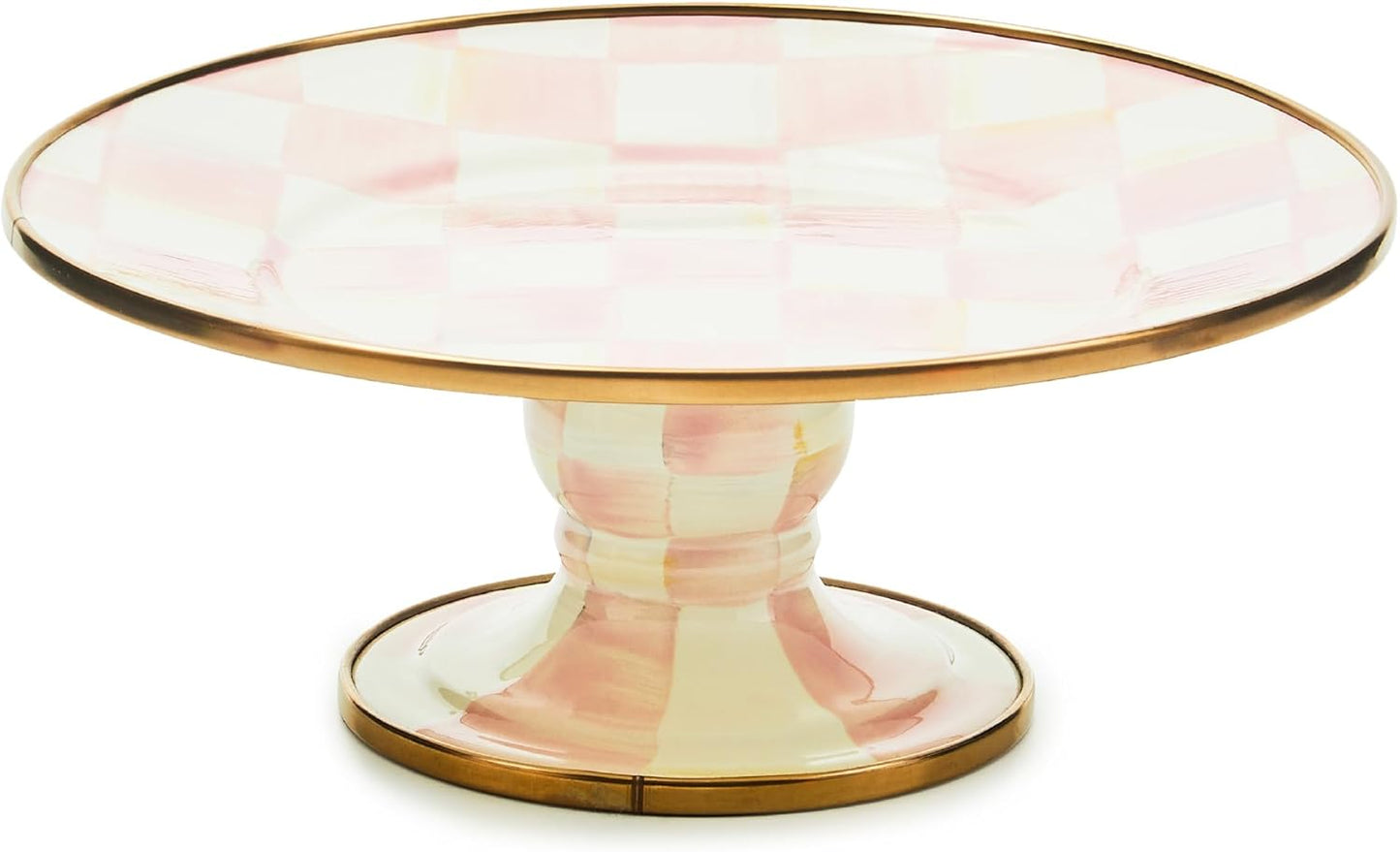 MACKENZIE-CHILDS Enamel Pedestal Platter, Round Cake Stand, Mini, Pink-and-White Rosy Check