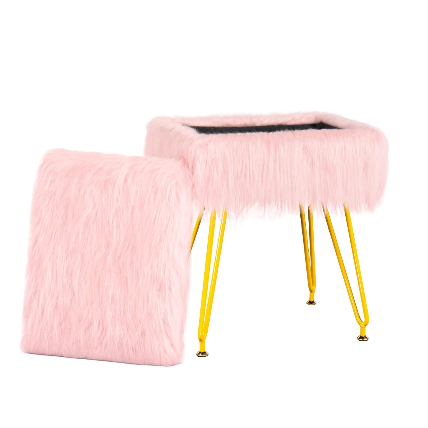 MOOWIND Vanity Stool Chair with Storage, Soft Ottoman Seat Vanity Stool with Anti-Slip Feet, Fluffy Padded Seat Multifunctional Footrest Side Table with 4 Metal Legs for Makeup, Bedroom, Pink
