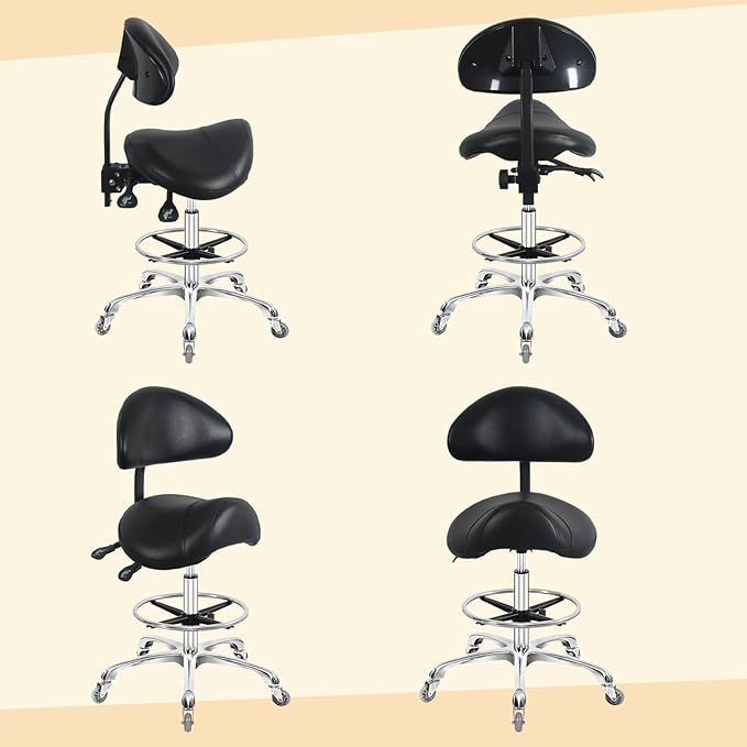 Nazalus Saddle Stool Chair with Back Support Footrest, Heavy-Duty(350LBS), Hydraulic Rolling Swivel Adjustable Stool Chair for Salon Spa Beauty Massage Dental Clinic Home Office Use(Black)