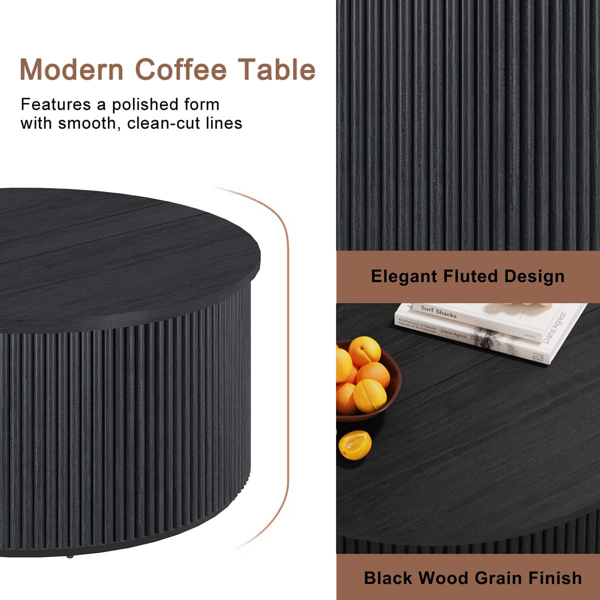 FATORRI Round Coffee Table with Storage, Fluted Wooden Center Table, Circular Mid-Century Modern Coffee Table for Small Space, Living Room, Bedroom, 31.5 Inch, Black