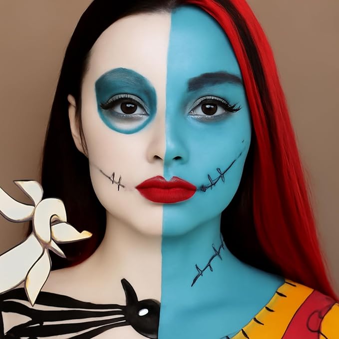 Black White Blue Face Body Paint 1.01oz/pc with 3 Sponges,Water Based Royal Blue Face Paint Kit for Avatar Corpse Bride Sally Skeleton Makeup,Halloween Costume Cream Face Painting Kit