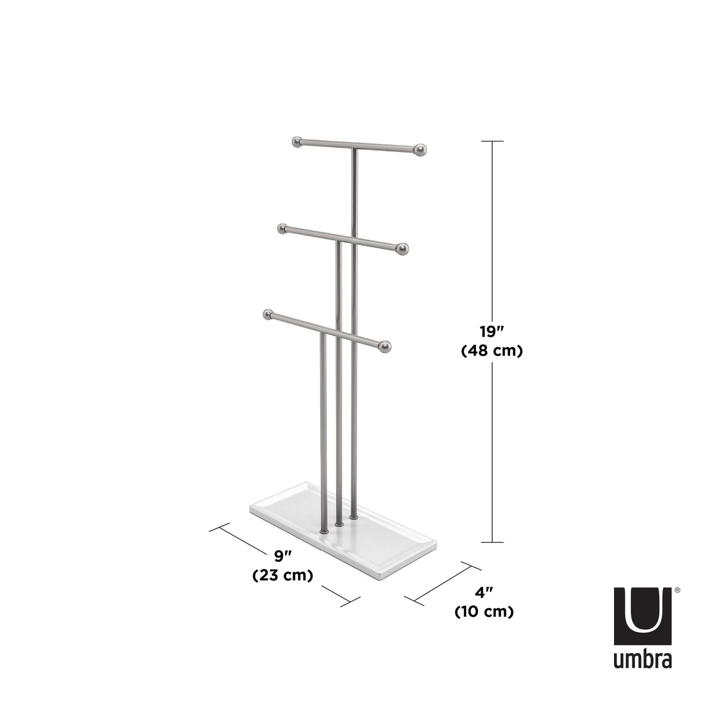 Umbra Trigem Jewelry Organizer - 3 Tier Steel Necklace Holder, Free Standing, White/Nickel, Model 299330-491-REM