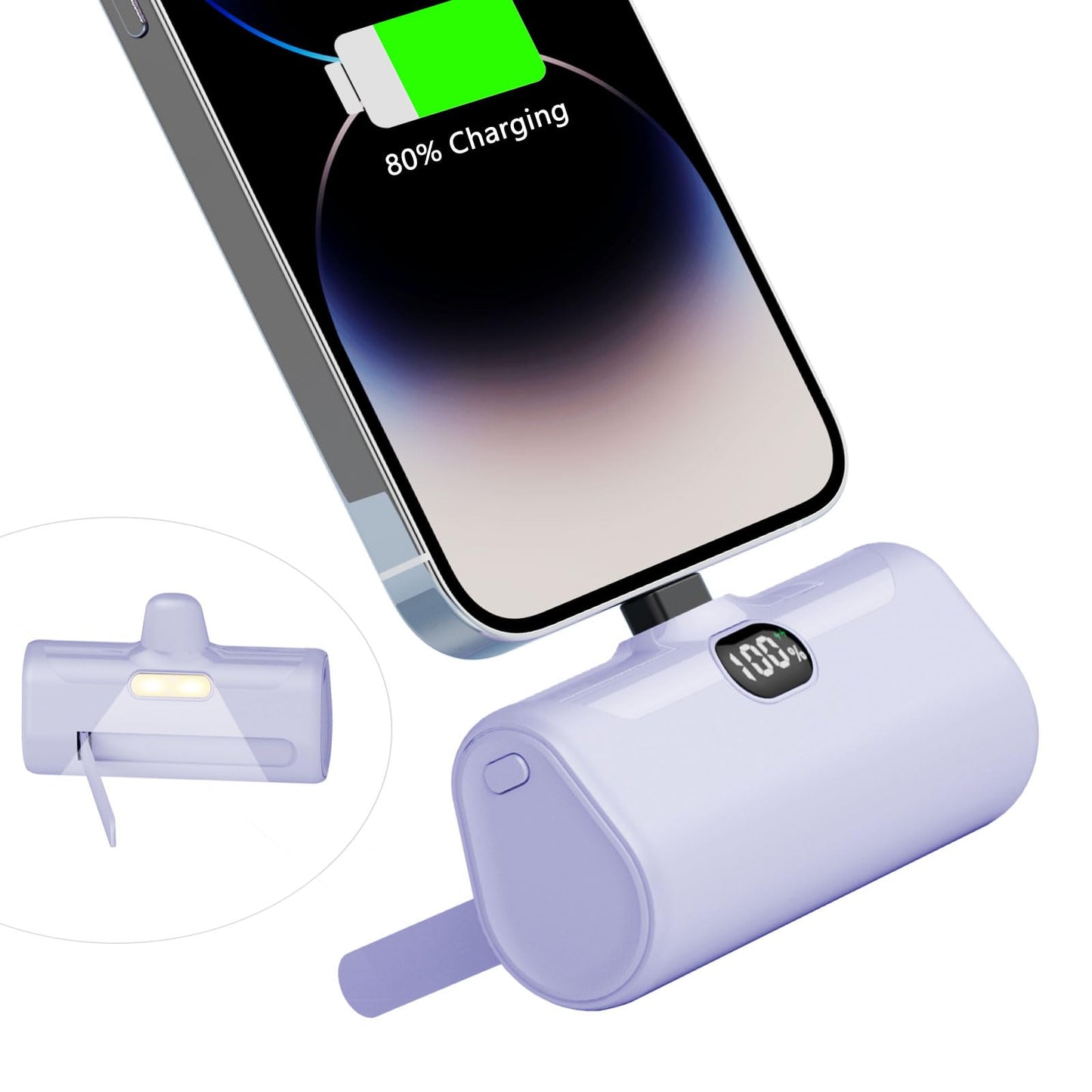 Luckyduo Mini Portable Charger For Iphone,5000Mah Ultra Compact Small Power Bank Built-In Phone Holder And Led Light,Lcd Display