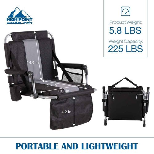 HIGH POINT SPORTS Foldable Stadium Seats for Bleachers with Back Support, 2PCS Bleacher Seats Chairs with Back and Cushion, Portable Folding Stadium Chairs with Armrest, Black