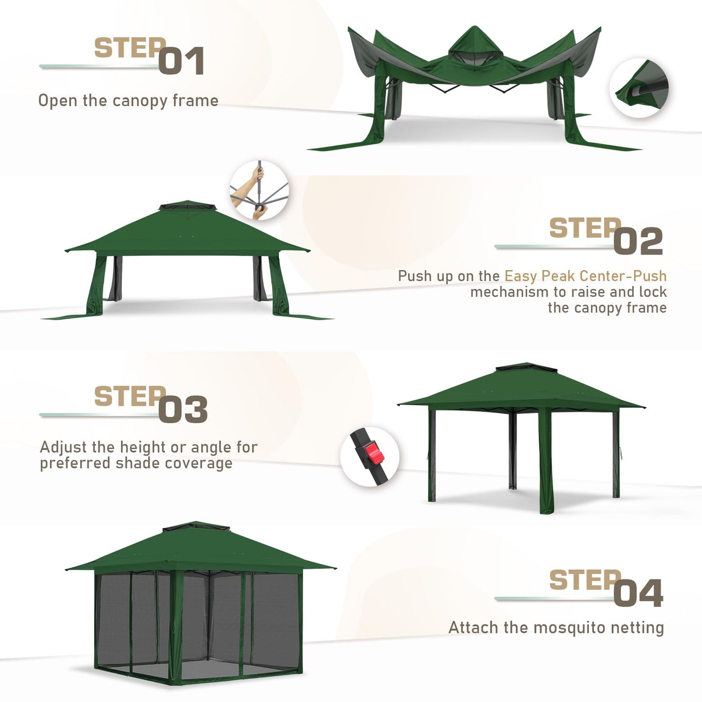 EAGLE PEAK 13x13 Pop Up Gazebo with Mesh Netting, Easy Up Screened Canopy for Patio and Backyard, Easy Set up Outdoor Gazebo (Green)