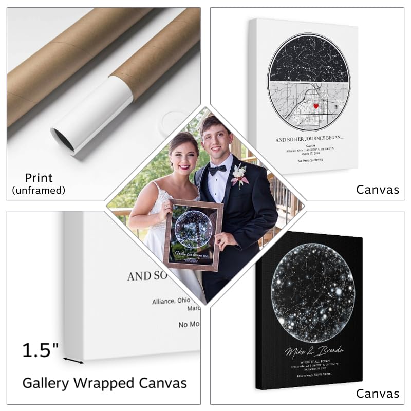 Custom Star Map Print or Canvas (9 Designs, Multiple Sizes), Personalized Constellation Map, Night Sky by date Wall Art, Unique Gift - Special Occasion, Wedding, Anniversary, Valentines Day)
