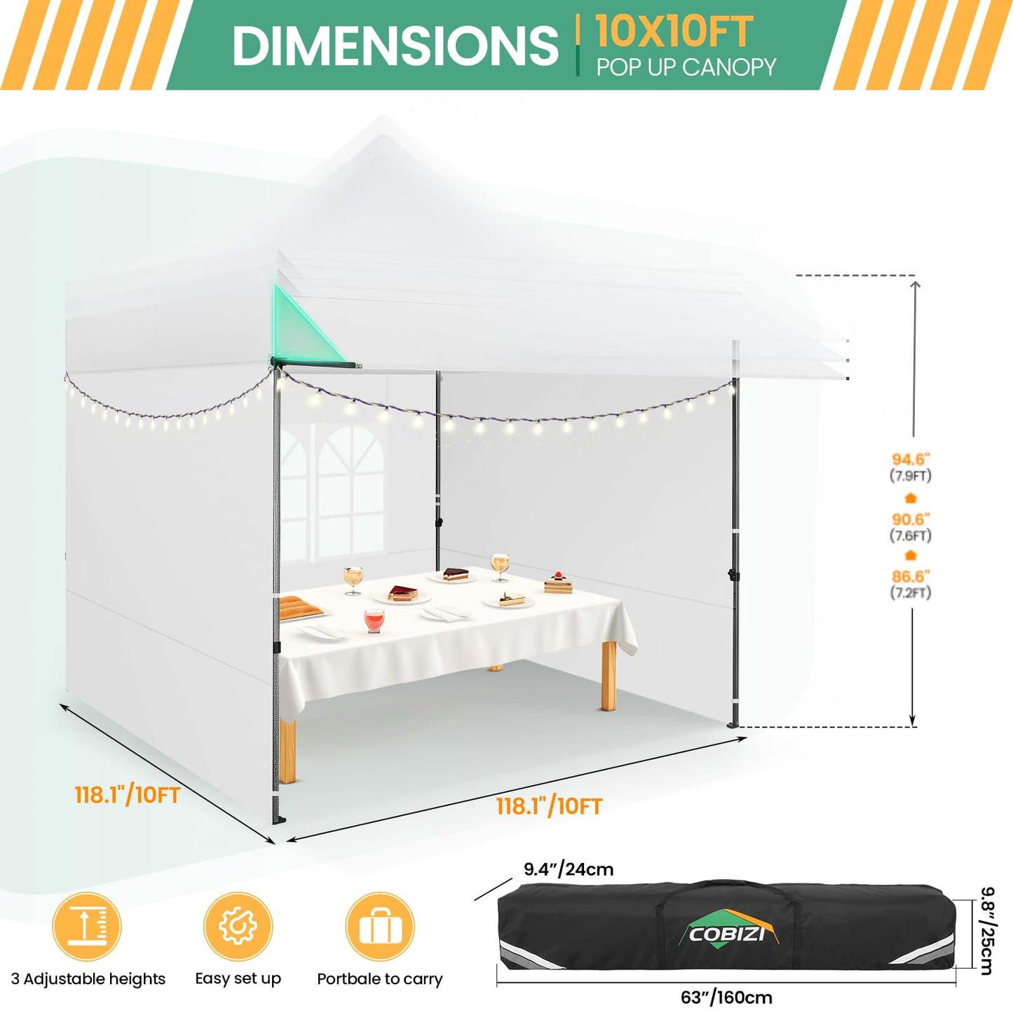 COBIZI 10x10 Pop Up Canopy Tent with Awning & Sidewalls, Commercial 10X10 Canopy Tents Instant Waterproof, UPF 50+ Sun Shade for Outdoor, Parties, Markets (White)