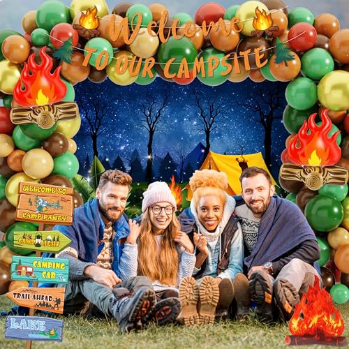 105 PCS Camping Birthday Party Decorations Kit with 3D Campfire & Forest Backdrop - Reusable Camp Theme Decor for Baby Sho...