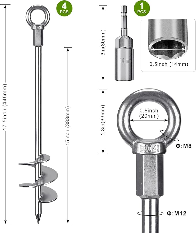 Dolibest 18" Heavy-Duty Ground Anchors Screw in, 3" Wide Spiral Earth Anchors for Swing Set, Wind Resistant Mobile Home, Trampoline, Sheds - Fully Welded Ground Anchors-Set of 4