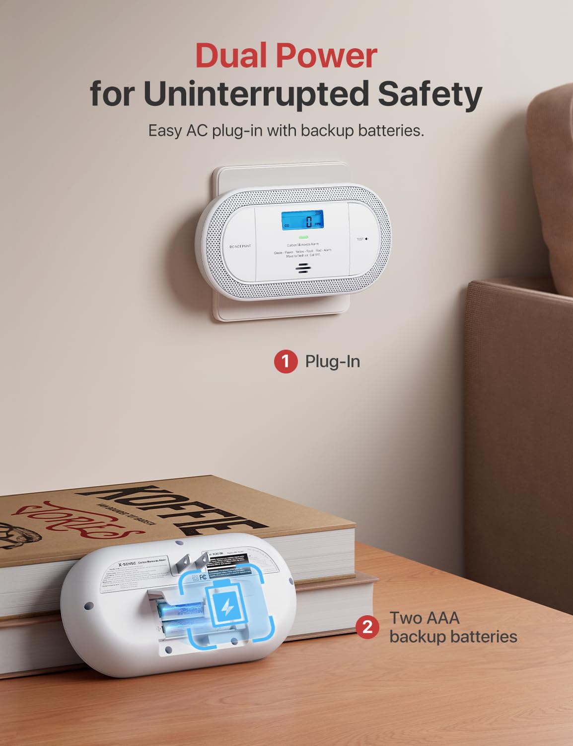 X-Sense Plug-in Carbon Monoxide Detector with AAA Battery Backup, XC0C-SA, 2-Pack