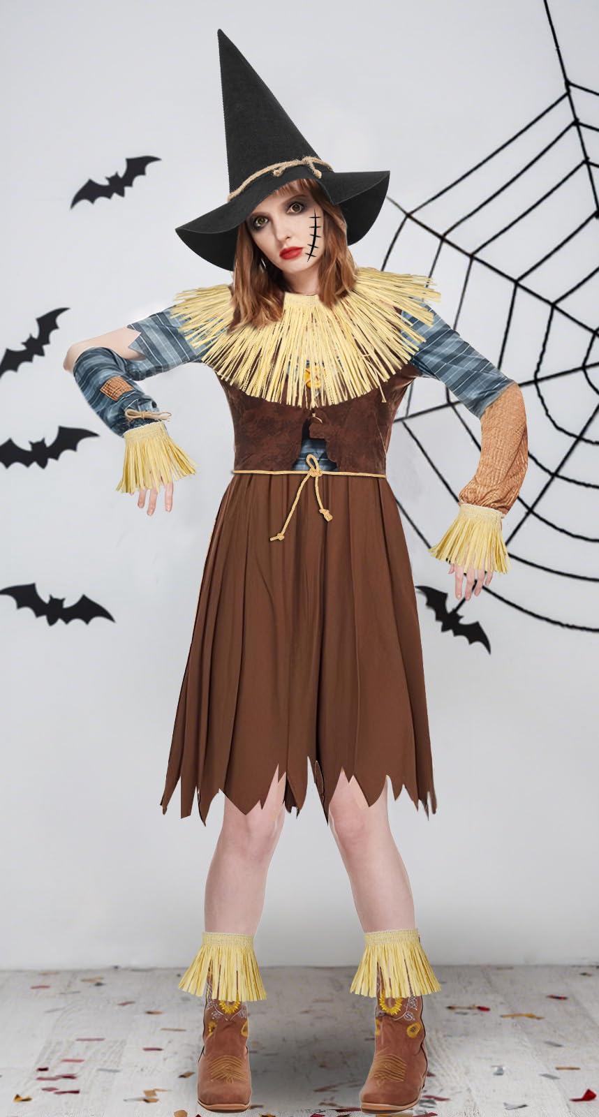 quescu 7pcs Scarecrow Costume Set For Adults,Kis,Scarecrow Hat And Straw Kit for Halloween Dress Up Costume Accessories