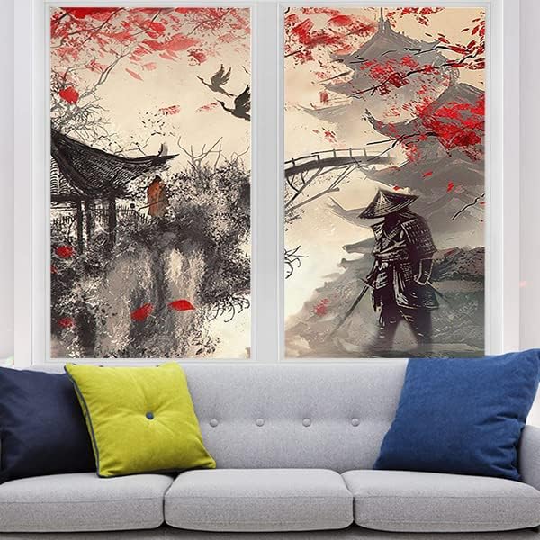 Vintage Japanese Samurai Air Window Film Watercolor Ink Ancient Cherry Blossom Red Sunblackout Window Film,Playroom Window Film 23.6Wx47.2L-Inch X2Pcs