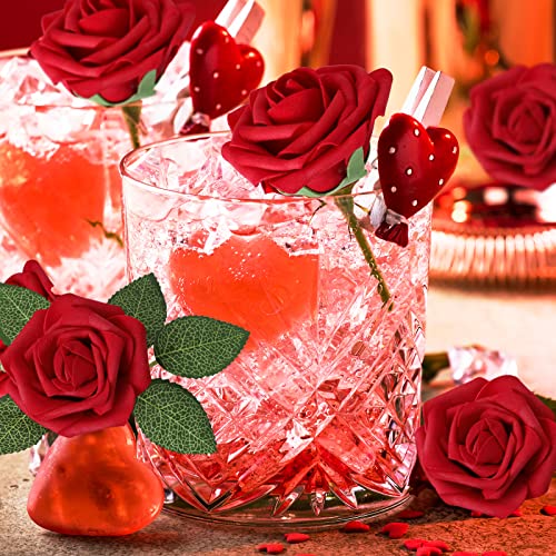 AmyHomie Artificial Flower Dark Red Rose 25pcs Real Looking Fake Roses w/Stem for DIY Wedding Bouquets Centerpieces Arrang...