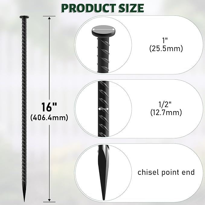 16 Inch Rebar Stakes Metal Asphalt Anchoring Spikes (16 Pack) Heavy Duty 1/2 Inch Diameter Galvanized Steel Ground Anchors for Speed Bump, Parking Curb and Tent