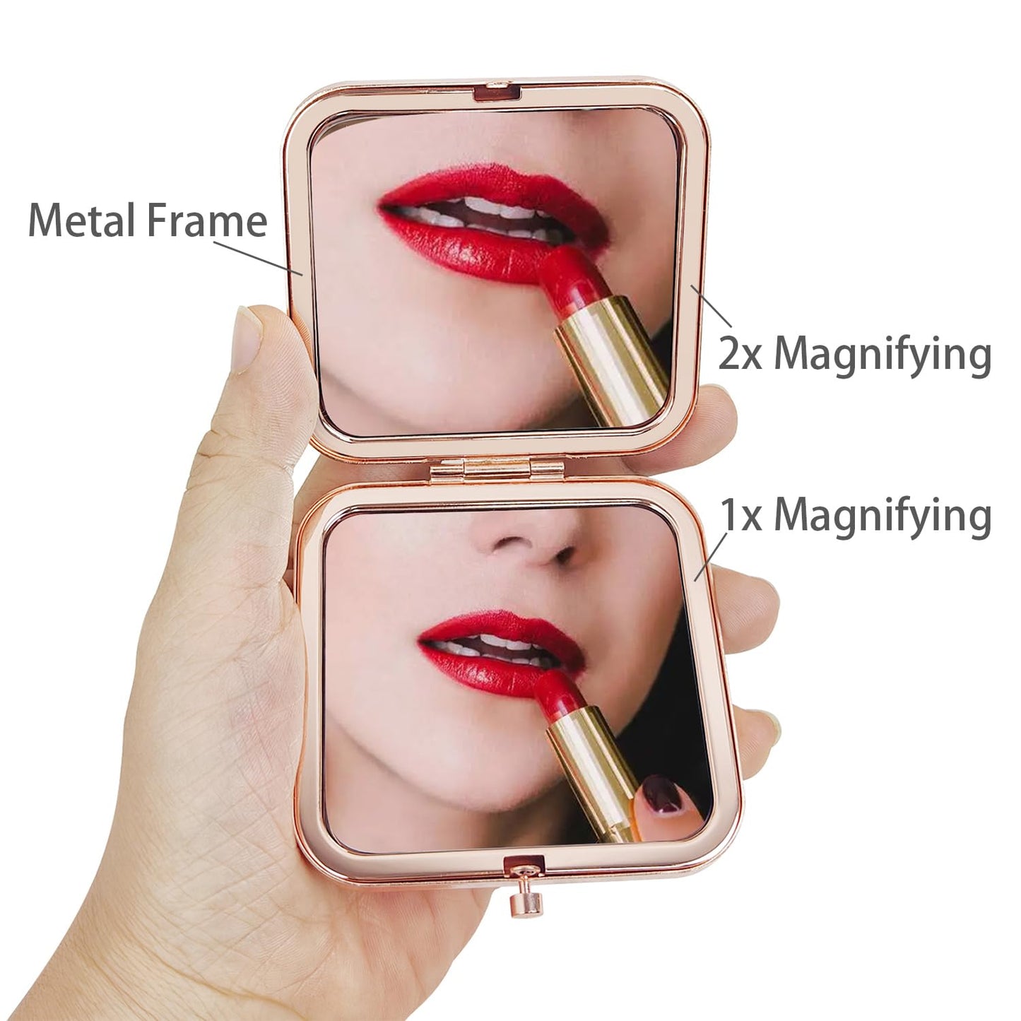 PDOZV Purse Mirror Compact, Rosegold Square 2.8     2.8    Metal Frame DropRubber Style Double Sided 1X/2X Small Mirror for Purs