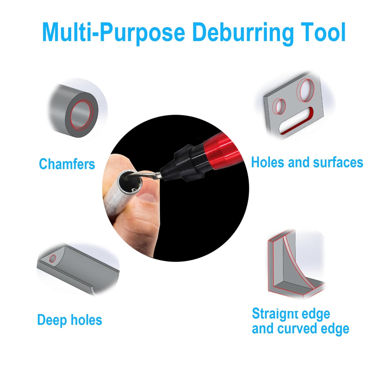 Coeweule Premium Deburring Tool with 15 Pcs High Speed Steel Swivel Blades, Deburring Tool for Metal, Resin, PVC Pipes, Plastic, Aluminum, Copper, Wood, 3D Printing Burr Removal Reamer Tool Red