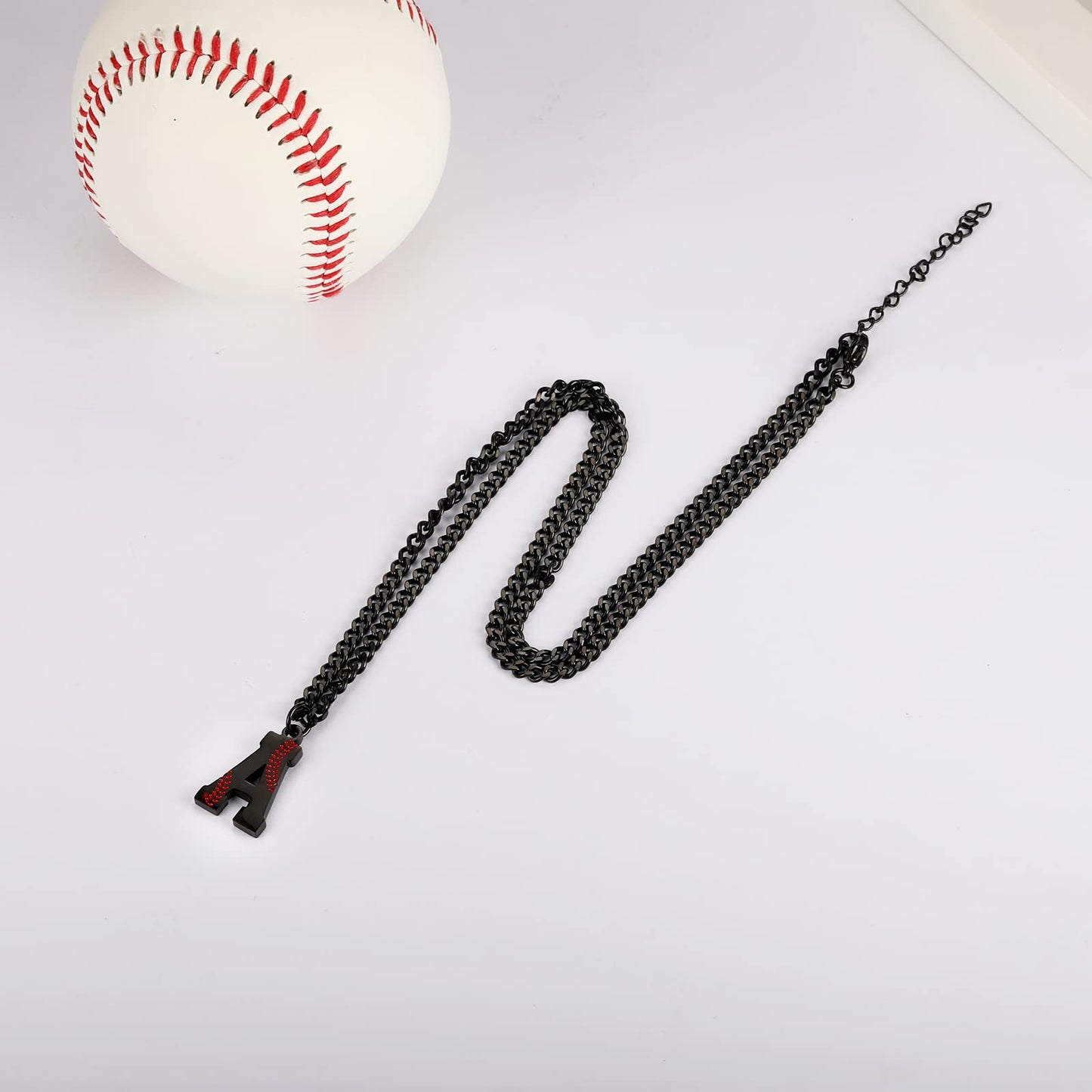 AIAINAGI Baseball Initial A-Z Letter Necklace for Men - Baseball Charm Pendant, Stainless Steel Black Chain, 22inch Personalized