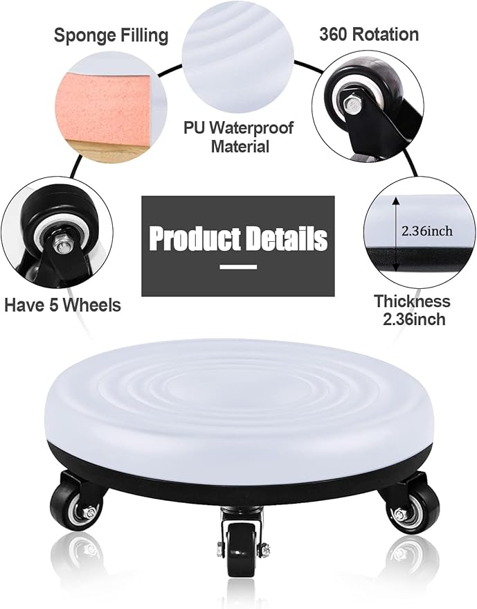 Lanstics Low Rolling Stool White Short Roller Seat Stool Unadjustable Leather Low Roller Seat Stools (White)