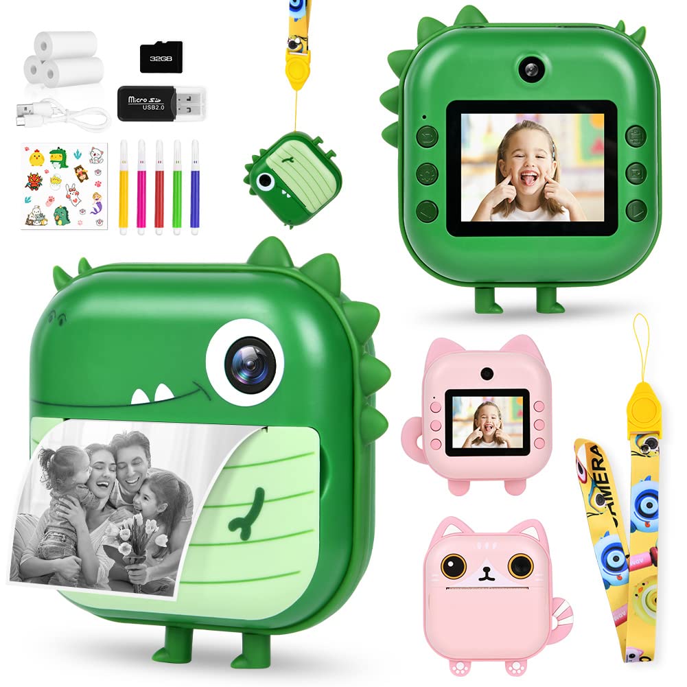 Ainiv Instant Print Camera for Kids - Dual 1080P Camera with Print Papers & 5 Color Pens, 32GB SD Card, Gift for 3-12 Year Olds