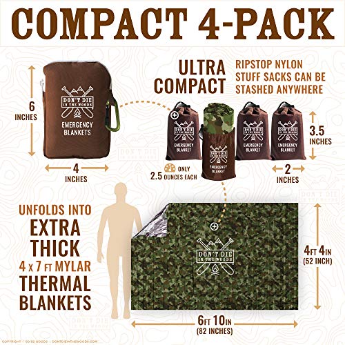Don't Die In The Woods - World’s Toughest Emergency Blankets [4-Pack] Extra Thick Thermal Mylar Space Blanket - One of The...