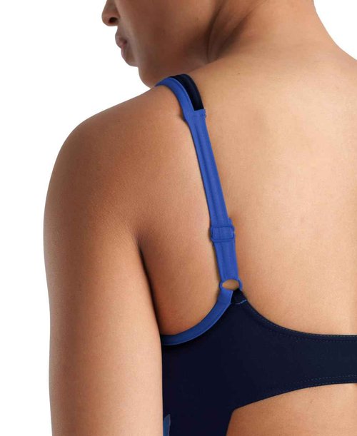 ARENA Bodylift Women's Makimurax B-Cup One Piece Shaping Swimsuit Strap Back Tummy Control Chlorine Resistant UV Protection, Navy/Bright Blue, Size 32
