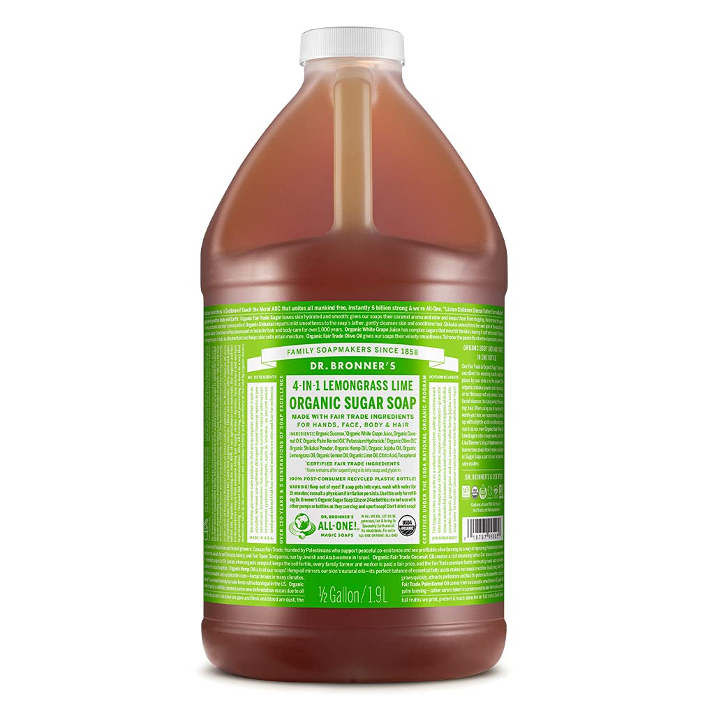Dr. Bronner's - Organic Sugar Soap (Lemongrass, 64 Ounce) - Made with Organic Oils, Sugar and Shikakai Powder, 4-in-1 Use: Hands