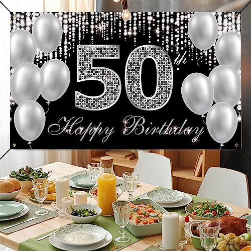HTDZZI 50th Birthday Banner Backdrop, Happy 50th Birthday Decorations for Women Men, Black Silver 50 Year Old Birthday Par...