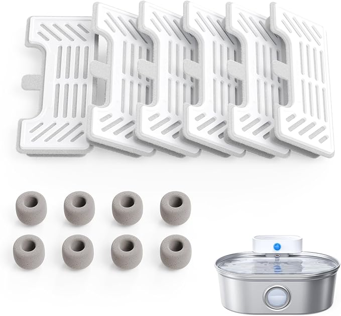 uahpet 6 Pack Replacement Filters & 8 Pack Replacement Filter Sponges for Stainless Steel Pet Fountain Pro (with water lev...