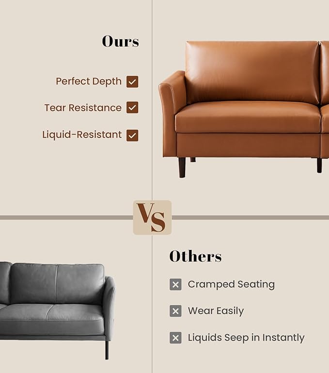 Kingfun Faux Leather 3 Seat Couch for Living Room, Mid Century Modern Sofa with Rolled Arms and Deep Seats, Fluffy Comfort for Apartment, Easy to Assemble, Mid Brown