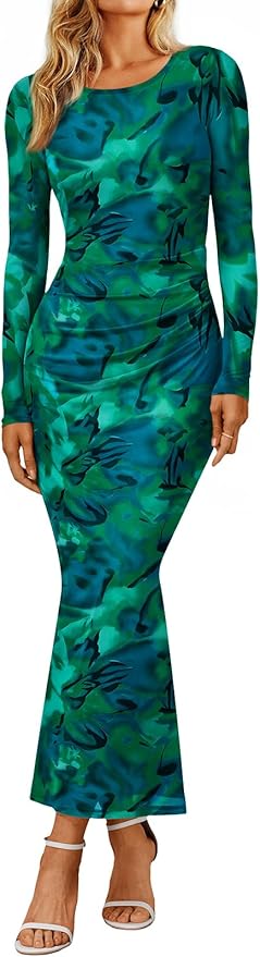 Trendy Queen Women's Floral Print Bodycon Ruched Dress Fall Long Sleeve Maxi Wedding Guest Dresses with Side Slit