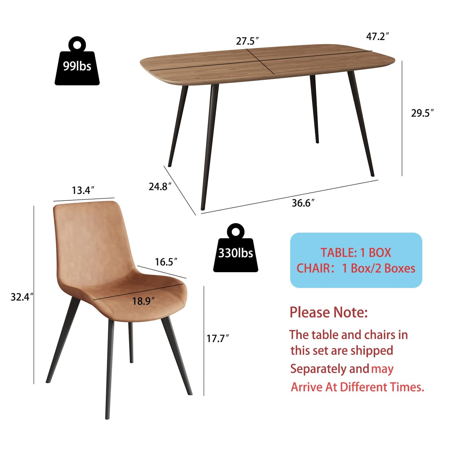 HIPIHOM 47.2'' Dining Table Set for 4,Modern Wood Dining Table,Leather Dining Chairs 4,Table and Chairs Set of 4,Ideal for Kitchen Dining Room (Walnut Color Table + 4 Brown Chairs, 47.2")