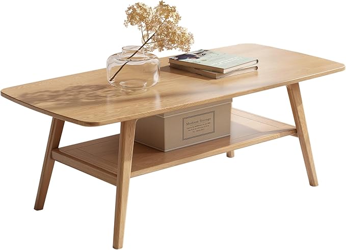 Wayshome 100% Solid Oak Wood Coffee Table for Living Room, 2-Tier Coffee Tables with Shelf Storage, Mid Century Modern Table with Rounded Corners (Natural Colour, 47.24" W x22.05 D x 17.32" H)