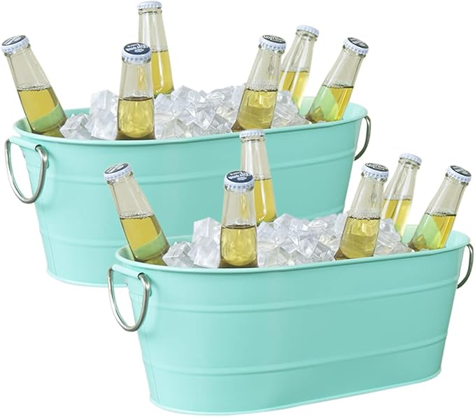 Ice Bucket Galvanized Tub, 2 Pcs 3 Gallon Oval Beverage Tub, Drink Cooler Ice Buckets for Parties, Metal Bucket with Handl...