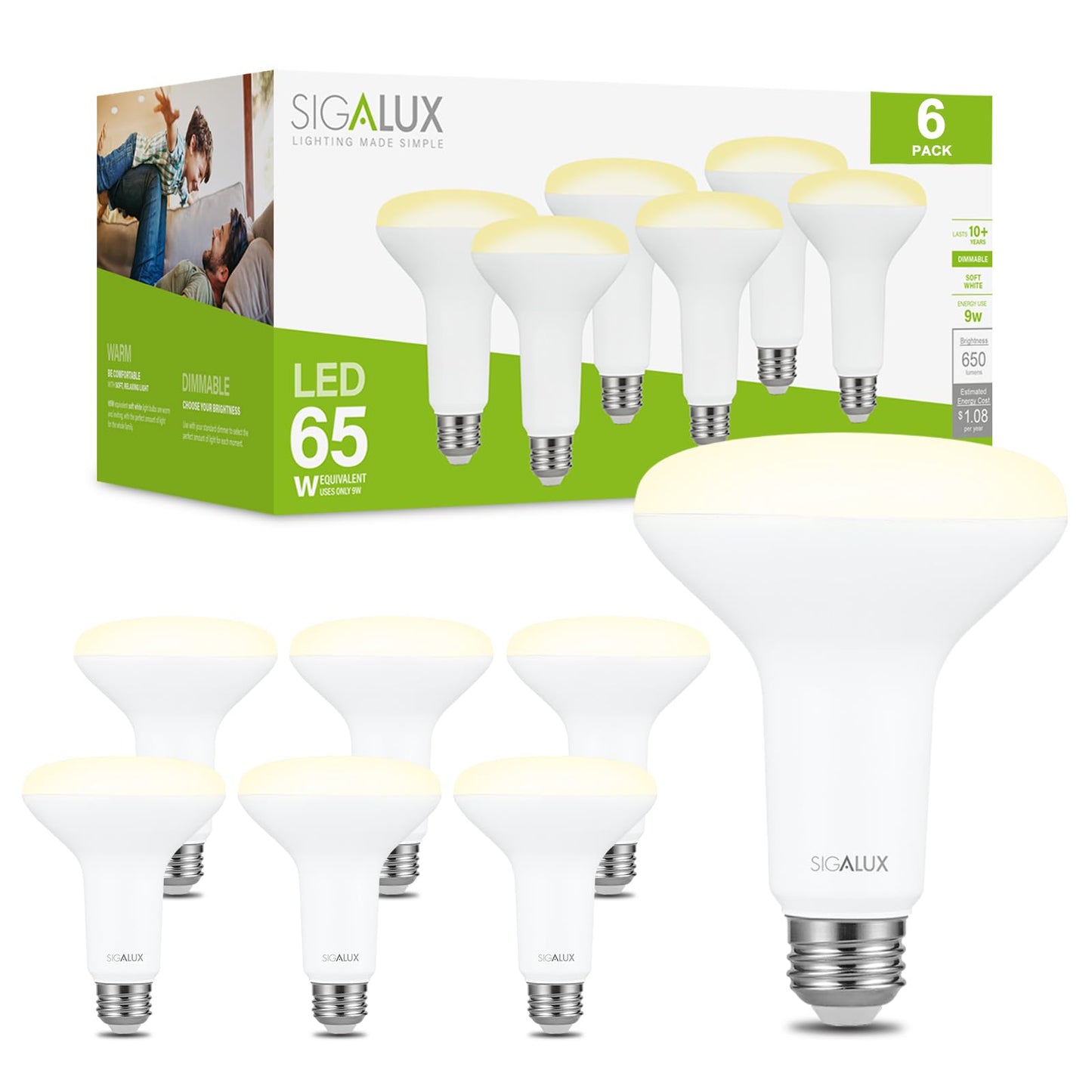 Sigalux Dimmable LED Flood Lights, BR30 Bulbs, 650LM 2700K Soft White, E26 Base, UL Listed, Pack of 6