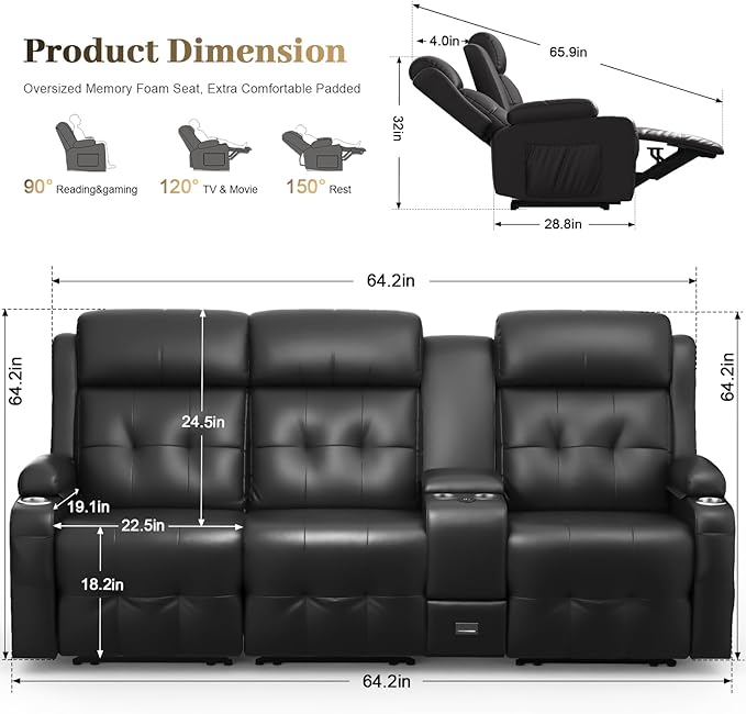 Recliner Sofa, 3 Sets of Massage Reclining 3 Seater Sofa Sets Heavy Weight Capacity, RV Loveseat Couch Clearance with Console, USB, Type C Port, Storage, Cup Holders, Wall Hugger Chair for Living Room