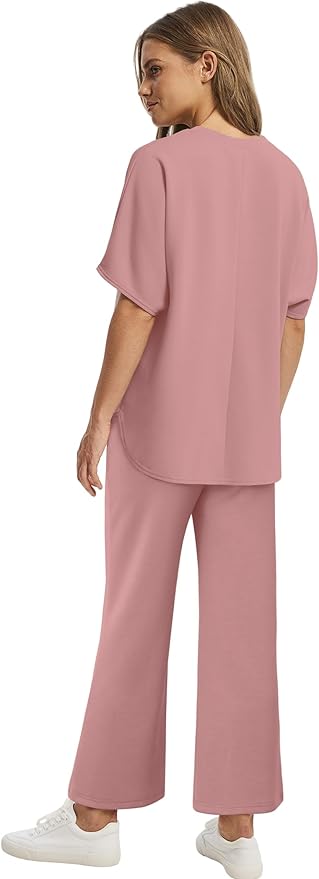 Sampeel Two Piece Sets for Women Summer Outfits Oversized Wide Leg Crop Pants Lounge Sets Airport Beach Vacation Clothes