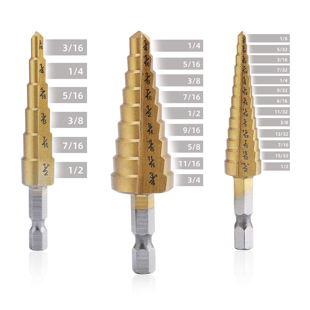 Aleric Step Drill Bit Set - Titanium Coated, High Speed Steel Drill Cone Bits for Aluminum, Wood and Plastic Hole Drilling Cutting, Multi Size Hole Stepped Up Unibit for DIY Lovers,3pcs