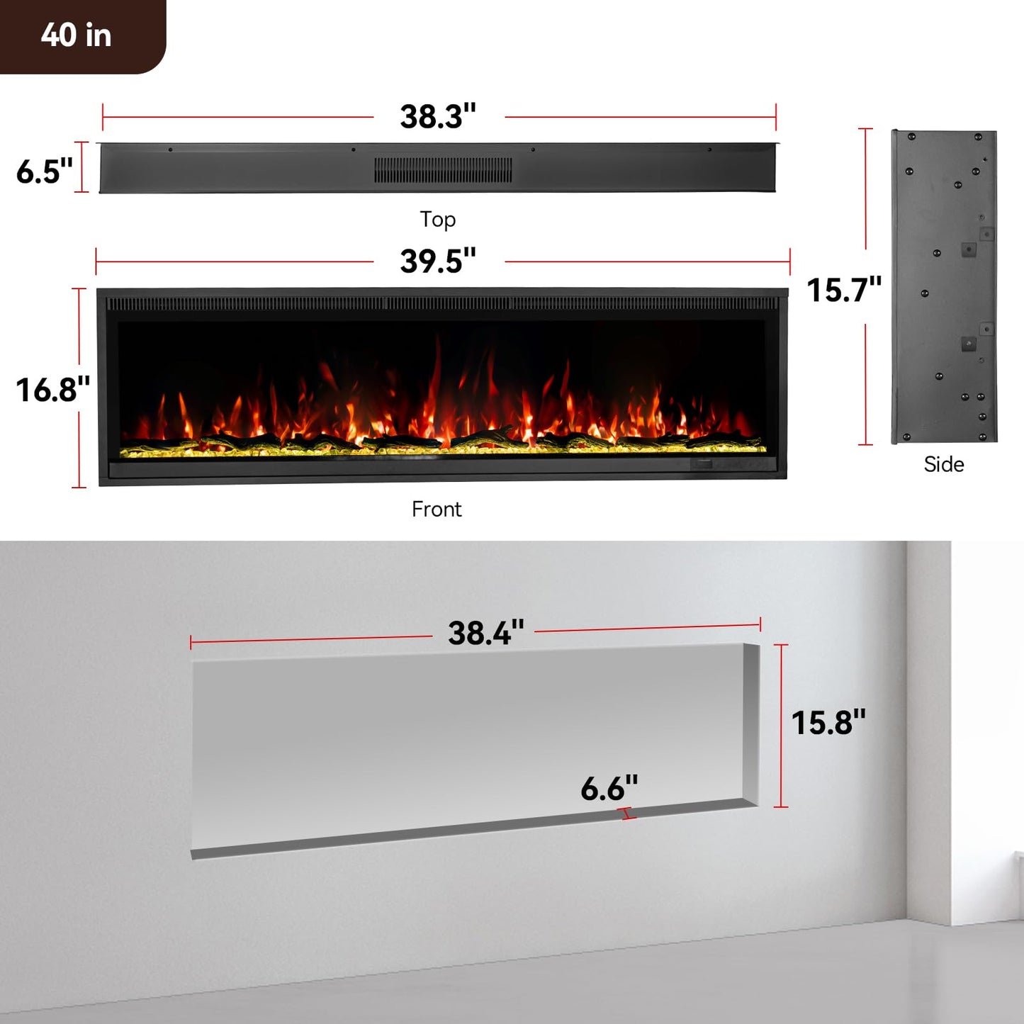 Kukoofyer 40" Electric Fireplace, Ultra-Narrow Bezel Recessed & Wall Mounted Fireplace Heater, Adjustable Color Flame, Linear Fireplace, Timer, Touch Screen, Remote Control, Log & Crystal, 750/1500W