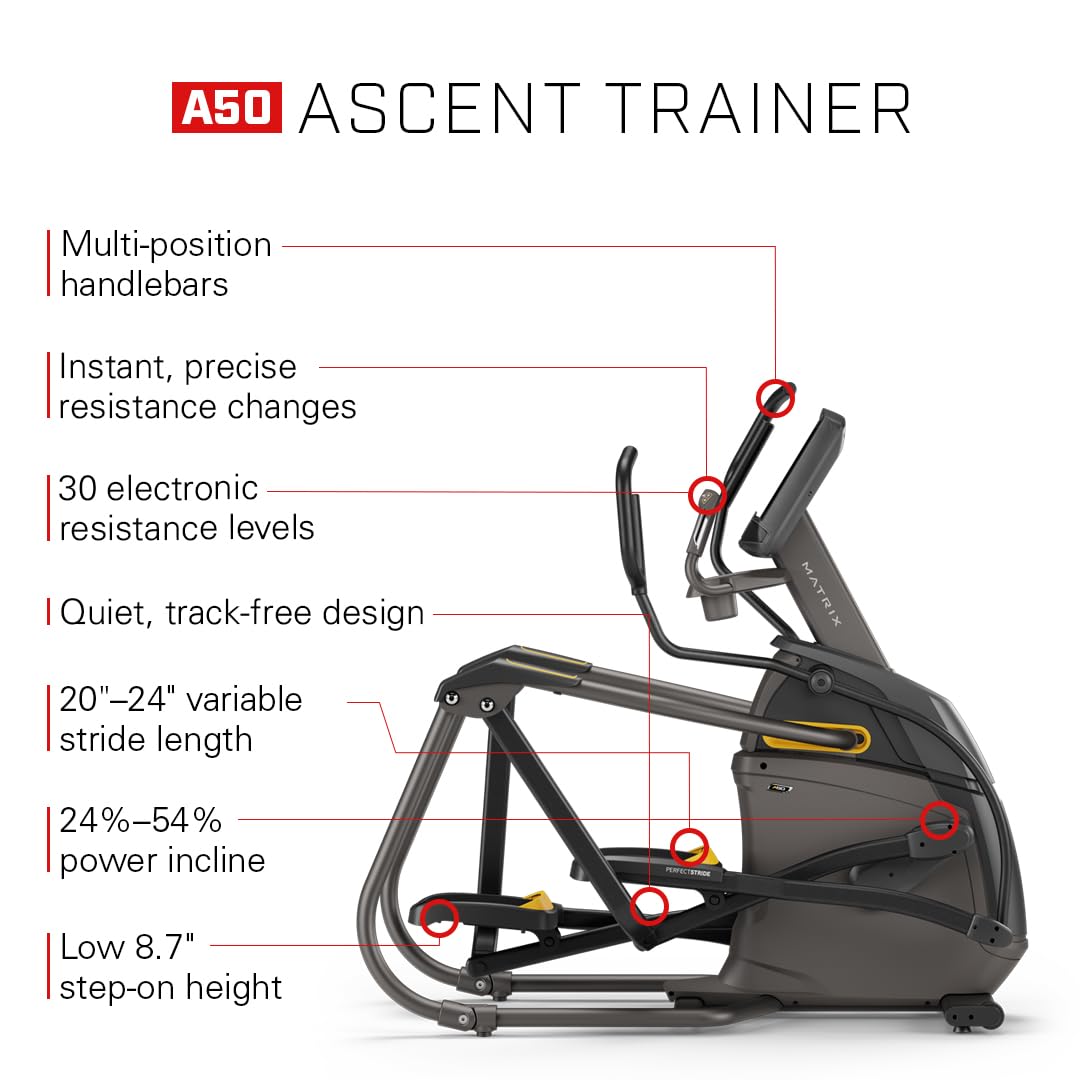Matrix Fitness A50 Ascent Elliptical with XER | 10" Touchscreen (WiFi+BT) | Low Impact Workouts, Full Body Cardio | Space Saving Compact Design, Suspension Elliptical with Adjustable Incline