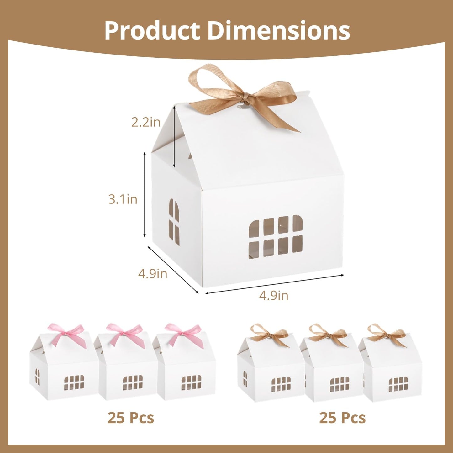 OMISTAR House Shaped Gift Boxes - 50 Pcs House Shaped Paper Bakery Packaging Candy Box With Gold & Pink Ribbons Cardboard Treat Boxes For Present Giving, Candy Boxes For Bridal Shower, Party