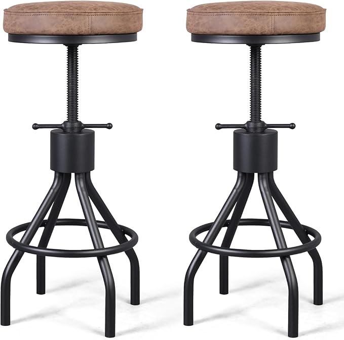 BOKKOLIK Set of 2-Vintage Bar Stool Swivel PU Leather Seat Kitchen Island Workbench Chair Height Adjustable 23-31 inch