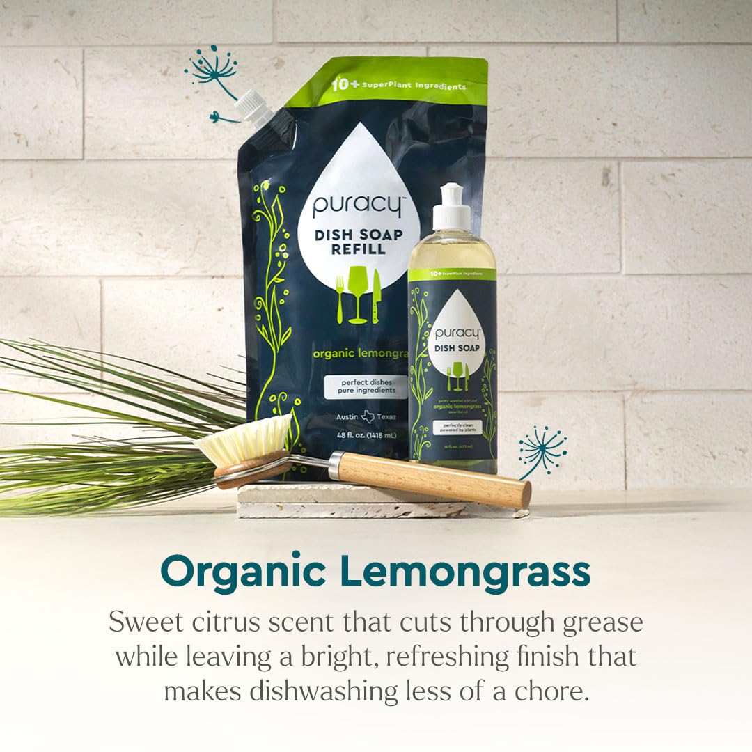 Puracy Natural Dish Soap Refill - Skin-Softening Plant-Based Liquid Dishwashing Detergent Soap, Clean-Rinsing Water-Sheeting Formula (Organic Lemongrass, 48 fl oz)